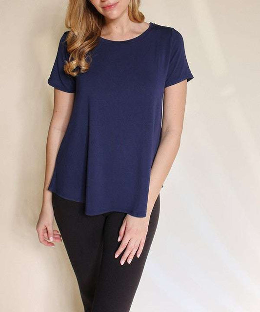 Studio Ko Bamboo Relaxed Fit Top in navy blue with a soft scoop neckline and flowing fit.