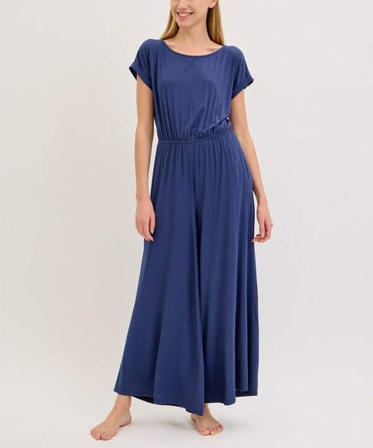 Studio Ko Bamboo Romper in blue, ankle length, comfortable fit, made in USA.