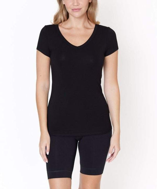 Studio Ko Bamboo V-Neck Fitted Top in black, made from bamboo viscose and spandex, heavy weight, model wearing small size.