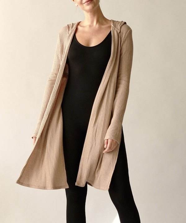 Studio Ko Waffle Slim Cardigan Hoodie in bamboo waffle knit, featuring a hood and tie front.