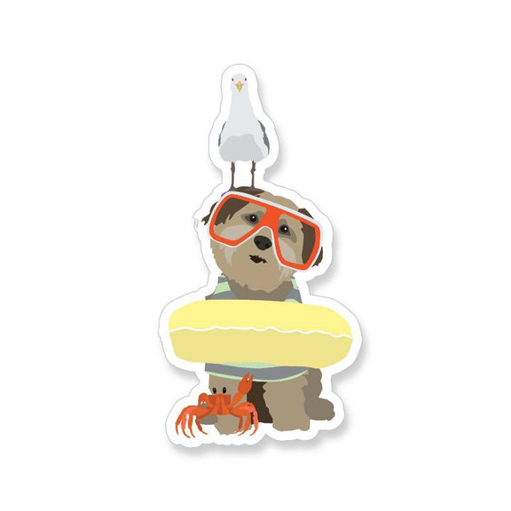 Summer Brown Dog Vinyl Sticker featuring playful design with beach-themed elements.