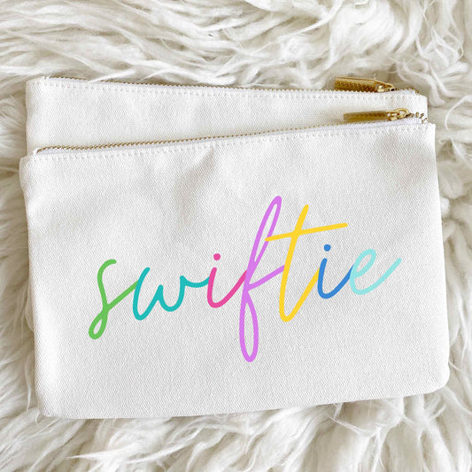 Swiftie Colorblock Script Bag & Pouch with colorful script, ideal for Taylor Swift fans.