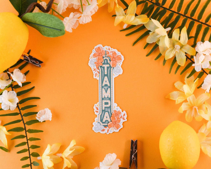 Tampa Sign Sticker with floral design, perfect for laptops and journals.