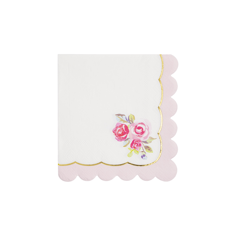 Tea Party Rose Corner Paper Cocktail Napkin with gold foil scalloped edges and pink rose design.