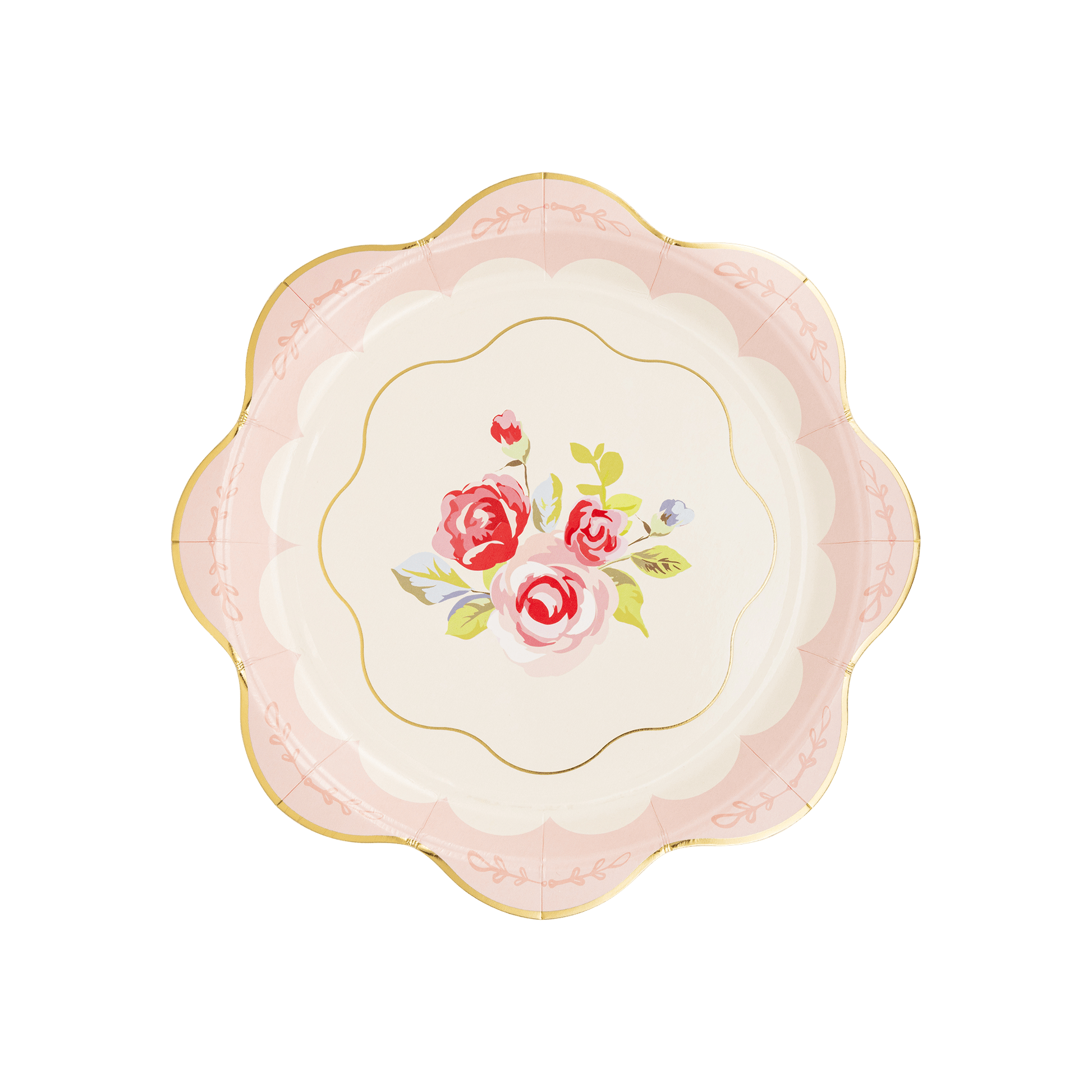 Tea Party Scalloped Round Paper Plate with roses and gold foil detailing