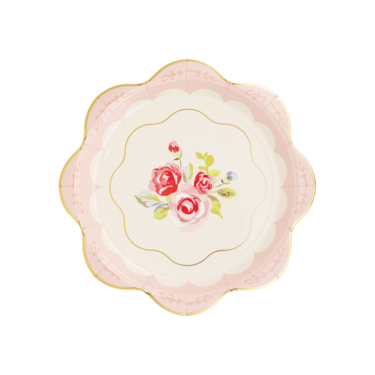 Tea Party Scalloped Round Paper Plate with roses and gold foil detailing