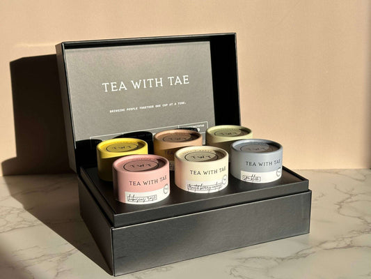 Tea with Tae Spring and Mother's Day Tea Bento Box gift set, featuring six mini tea tubes in a stylish black gift box.