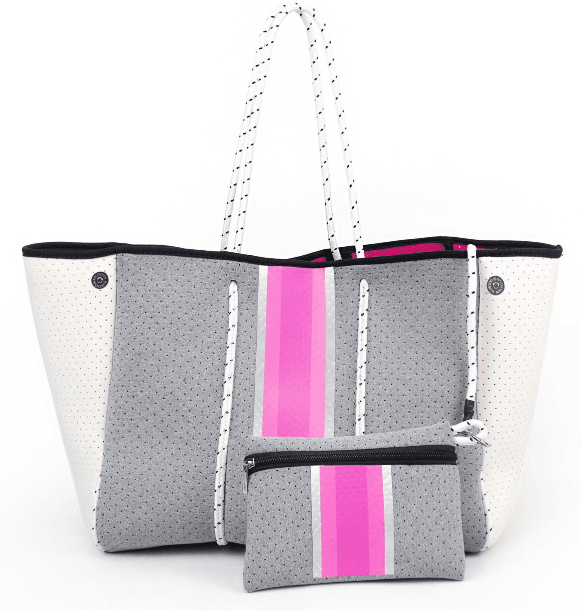 The Aniella Neoprene Tote - Gray with Pink Stripe - Jennie Dots