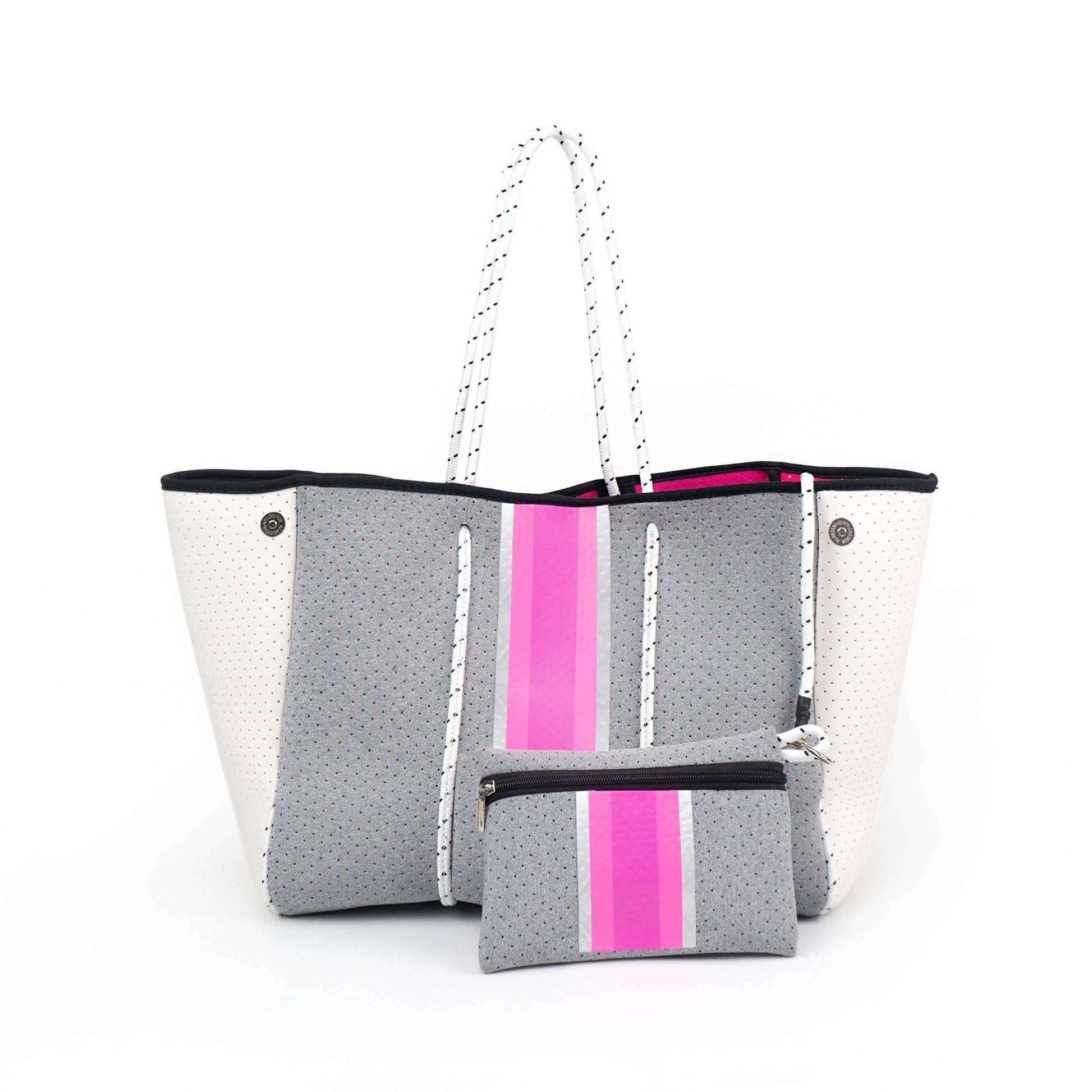 The Aniella Neoprene Tote - Gray with Pink Stripe - Jennie Dots