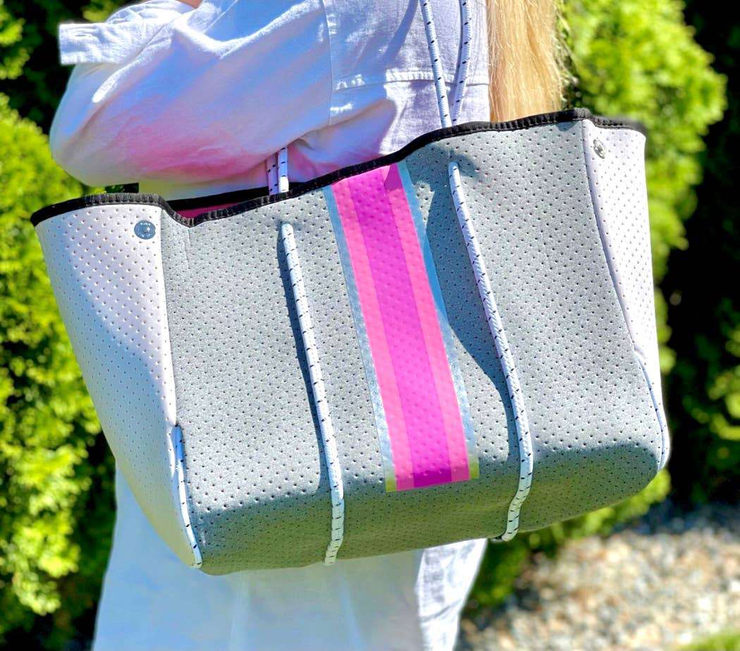 The Aniella Neoprene Tote - Gray with Pink Stripe - Jennie Dots