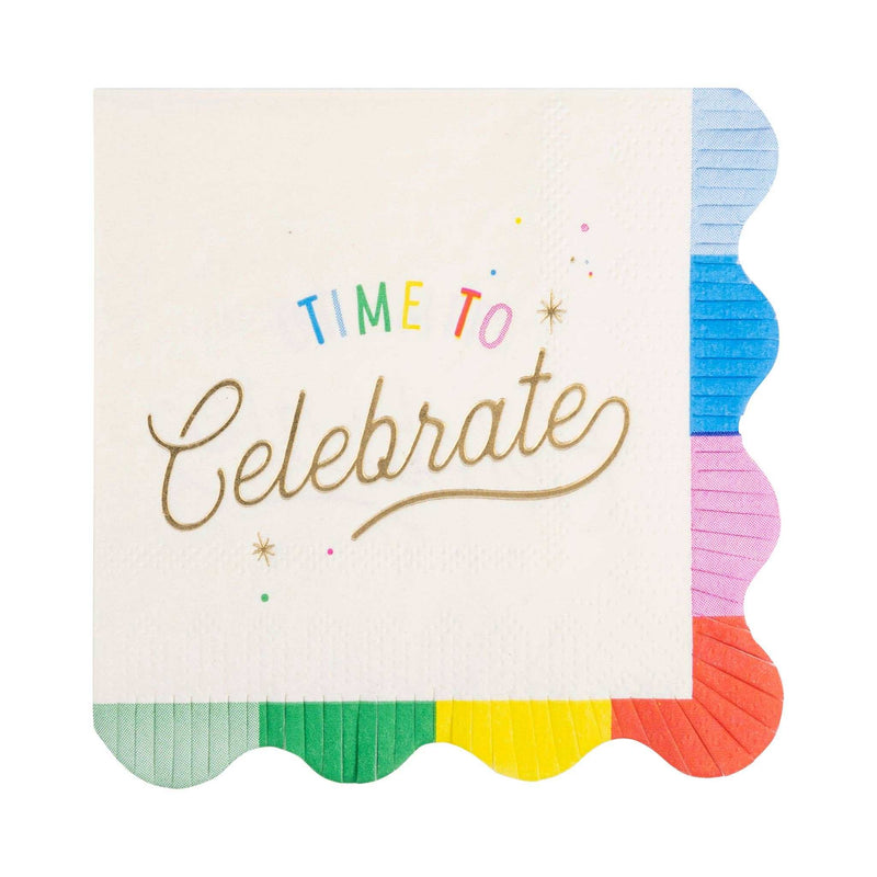 Colorful fringed cocktail napkin with "Time to Celebrate" message in gold foil.