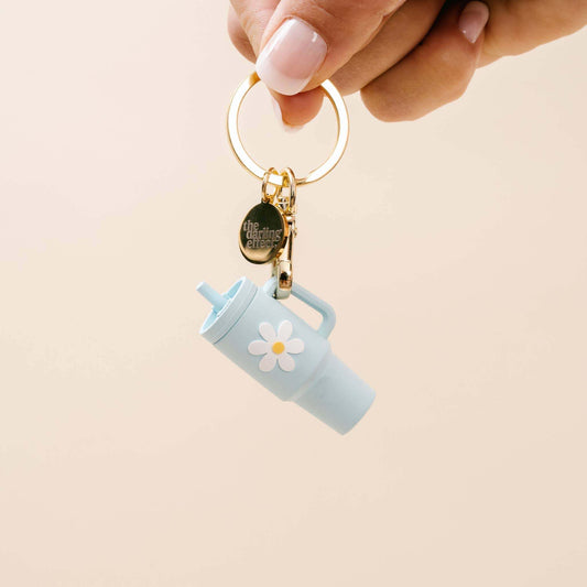 Tiny Tumbler Keychain in Aqua with flower detail and gold keychain.