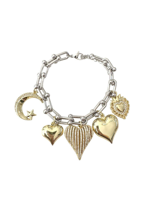 18k gold and silver Tony Bracelet with heart charms, adjustable 7" length.
