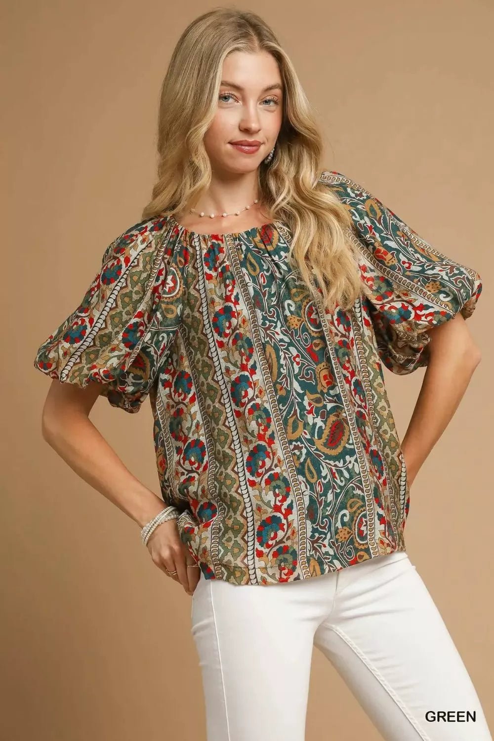 Umgee Boho Floral Stripe Puff Sleeve Blouse - Jennie Dots