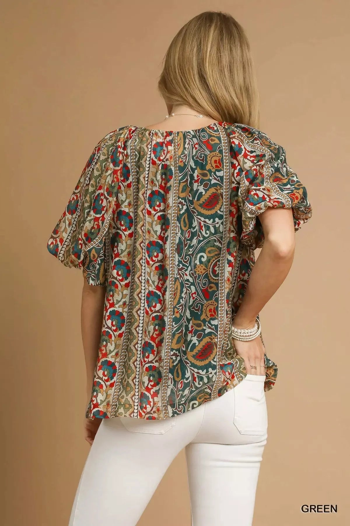 Umgee Boho Floral Stripe Puff Sleeve Blouse - Jennie Dots