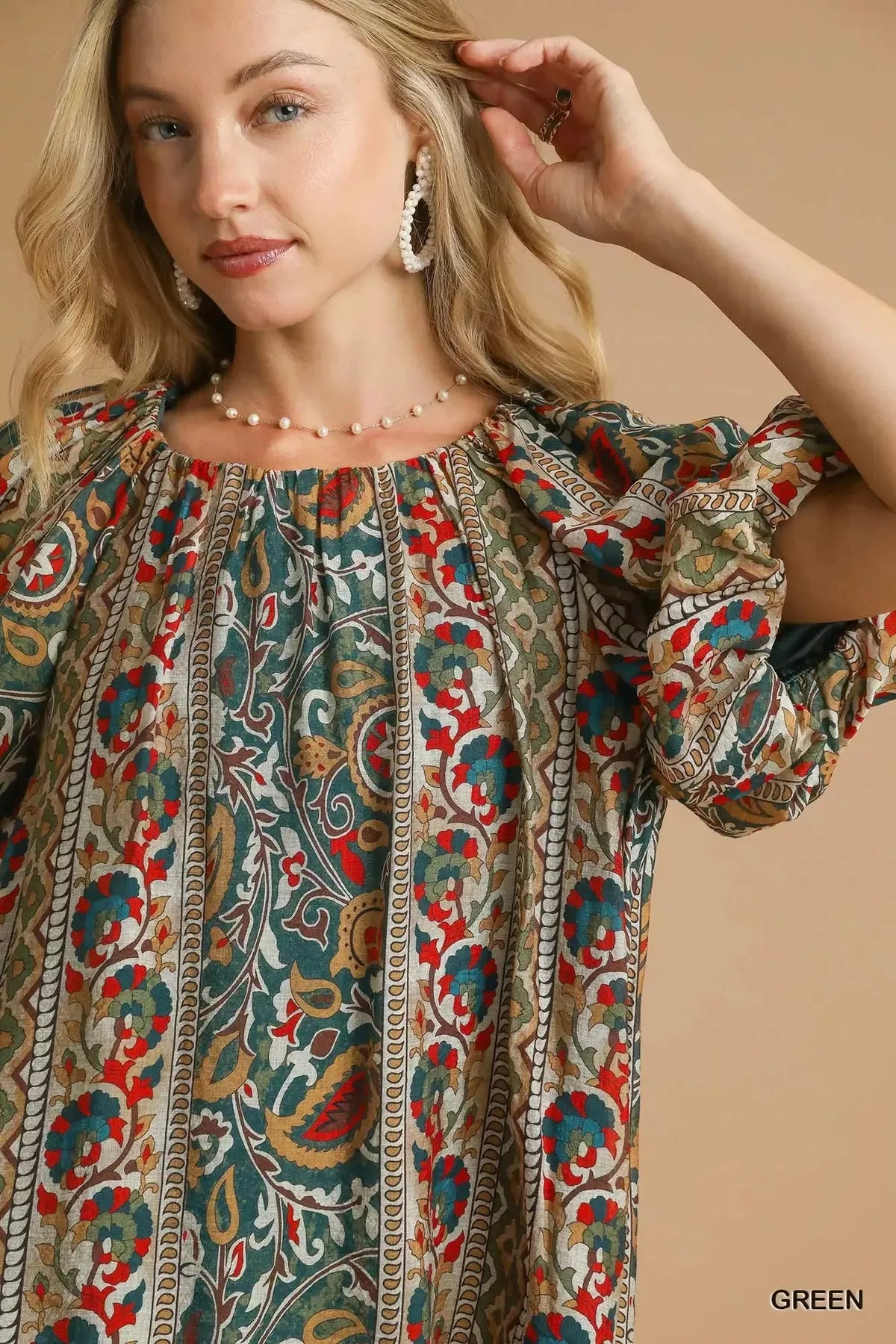 Umgee Boho Floral Stripe Puff Sleeve Blouse - Jennie Dots