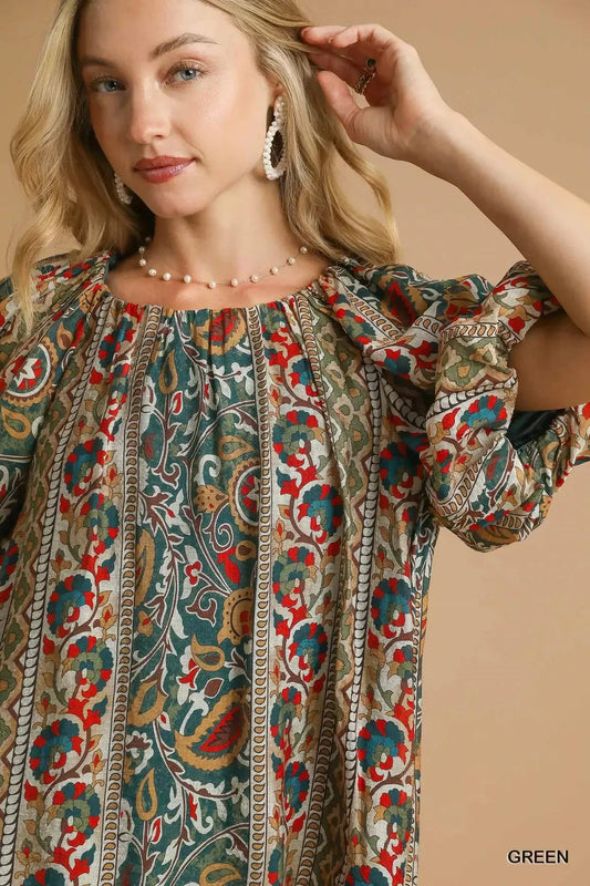 Umgee Boho Floral Stripe Puff Sleeve Blouse - Jennie Dots