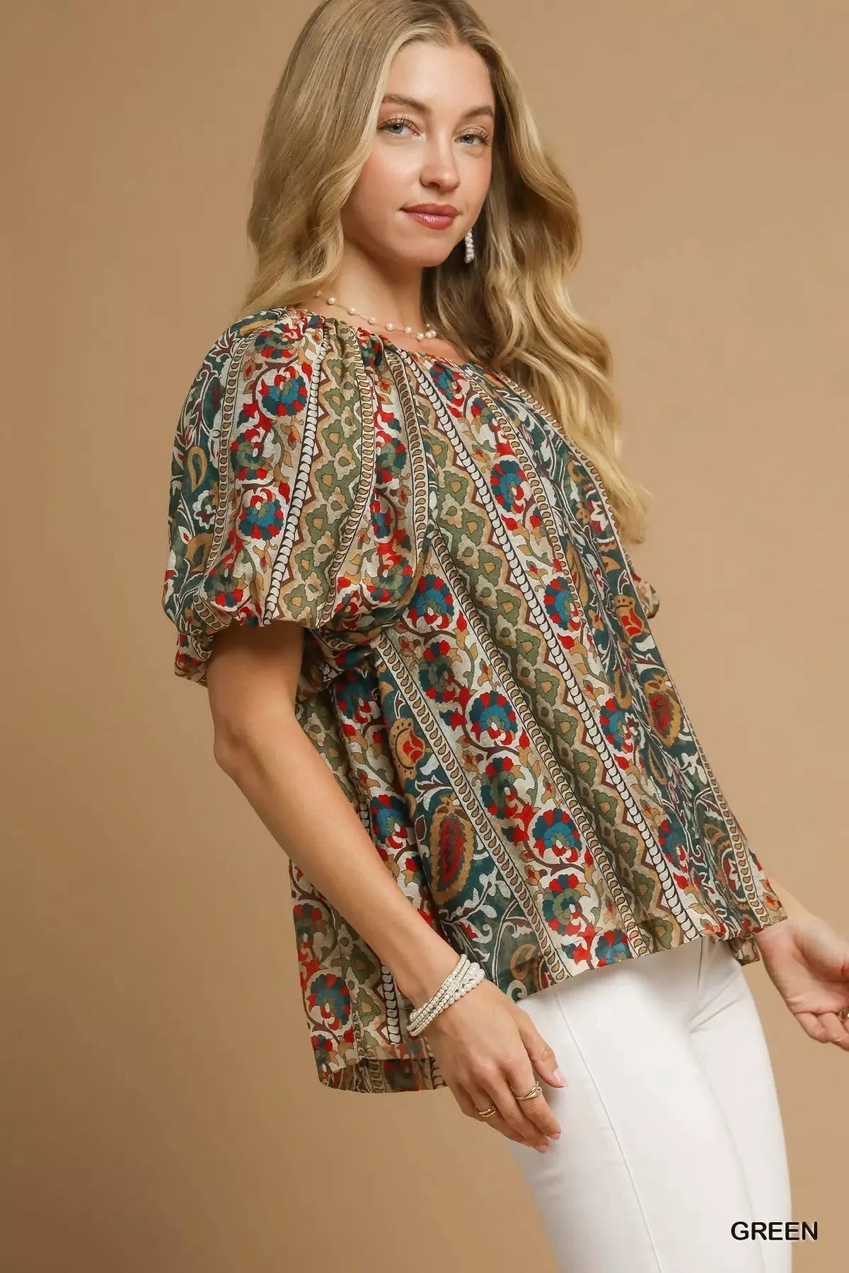 Umgee Boho Floral Stripe Puff Sleeve Blouse - Jennie Dots