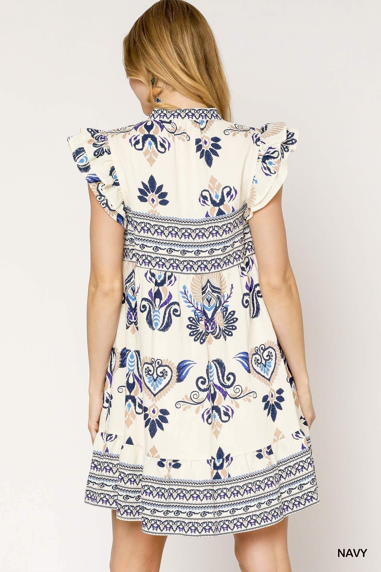 Umgee Boho Ruffle Mini Dress - Navy & Cream - Jennie Dots