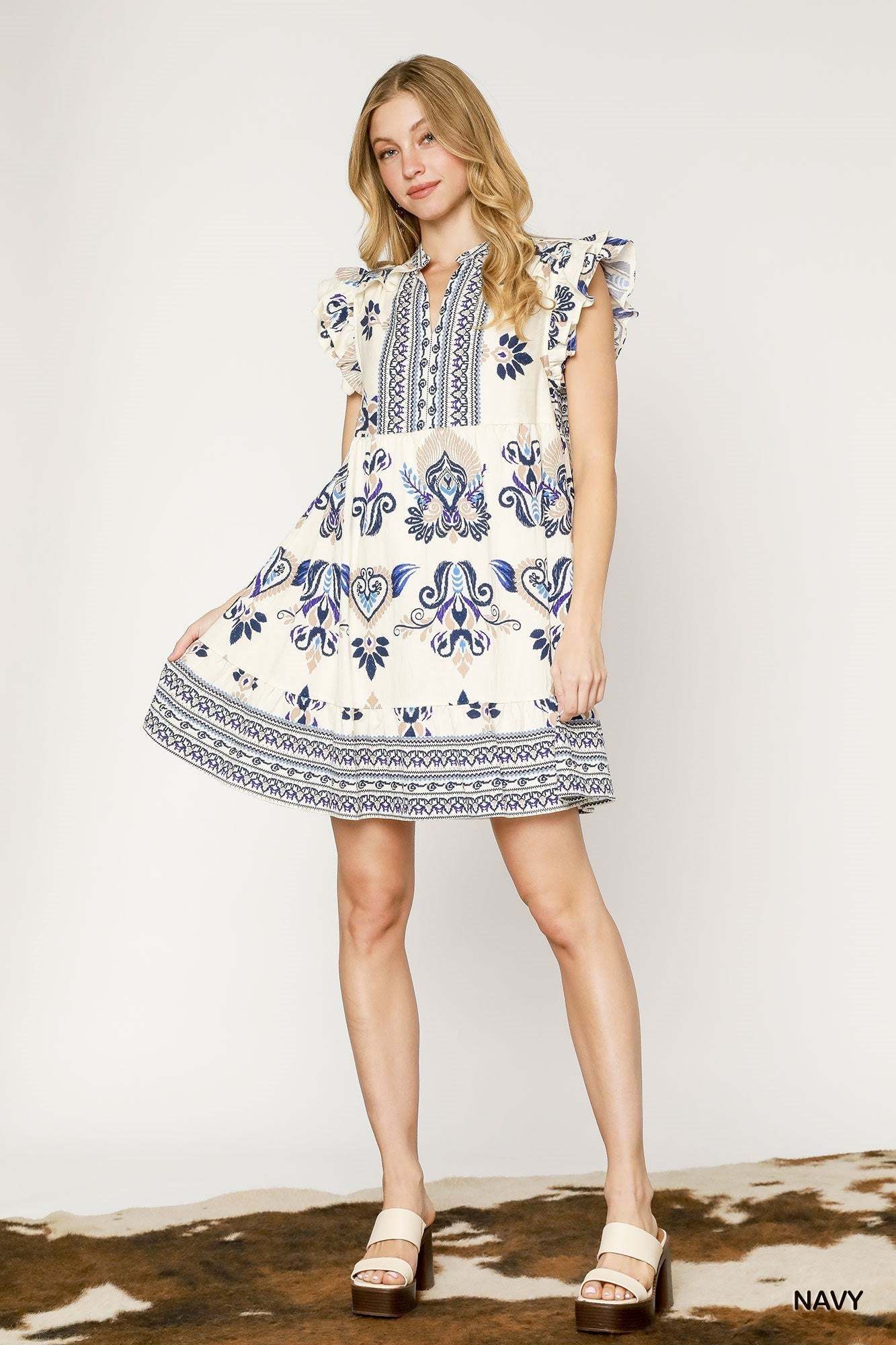 Umgee Boho Ruffle Mini Dress - Navy & Cream - Jennie Dots