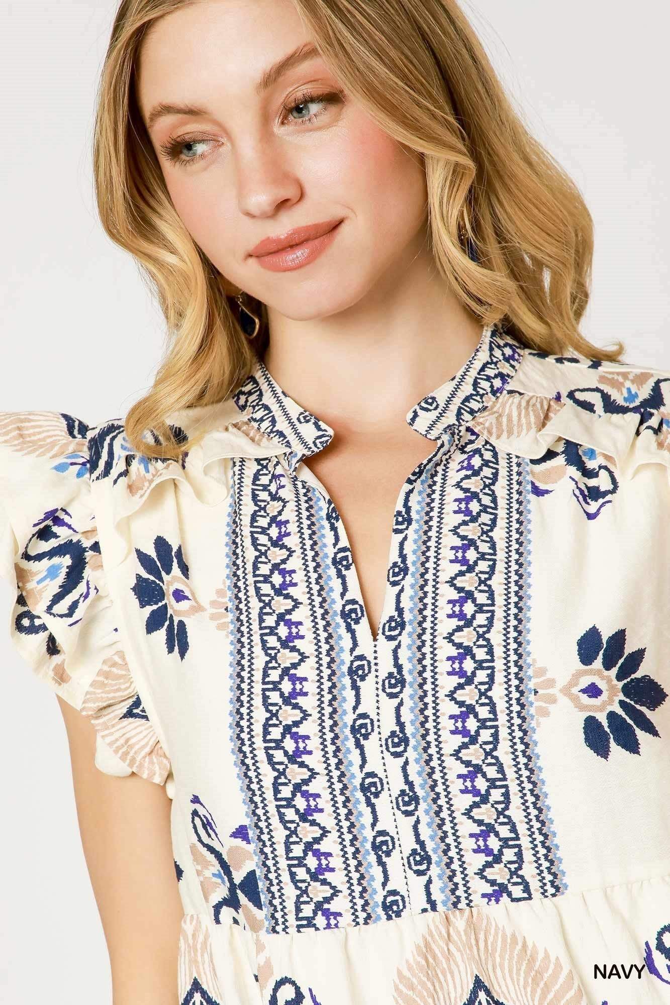 Umgee Boho Ruffle Mini Dress - Navy & Cream - Jennie Dots