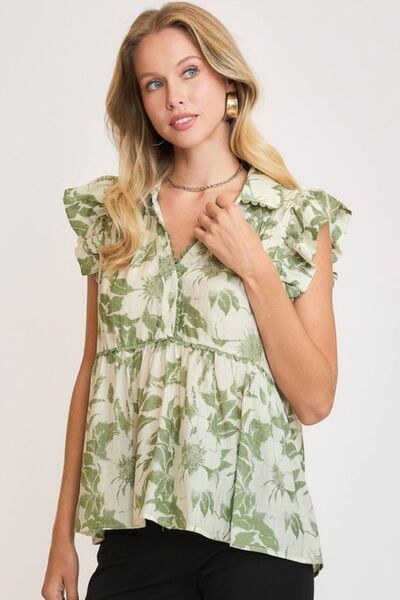 Umgee Botanical Print Babydoll Top - Jennie Dots