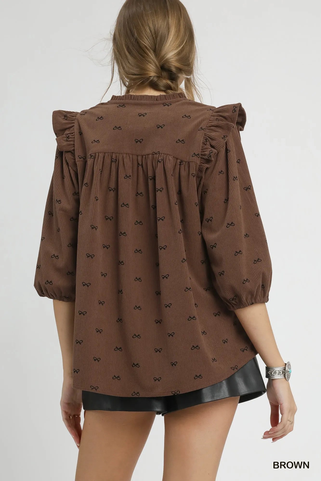 Umgee Bow Print Corduroy Puff Sleeve Blouse with Ruffled - Jennie Dots