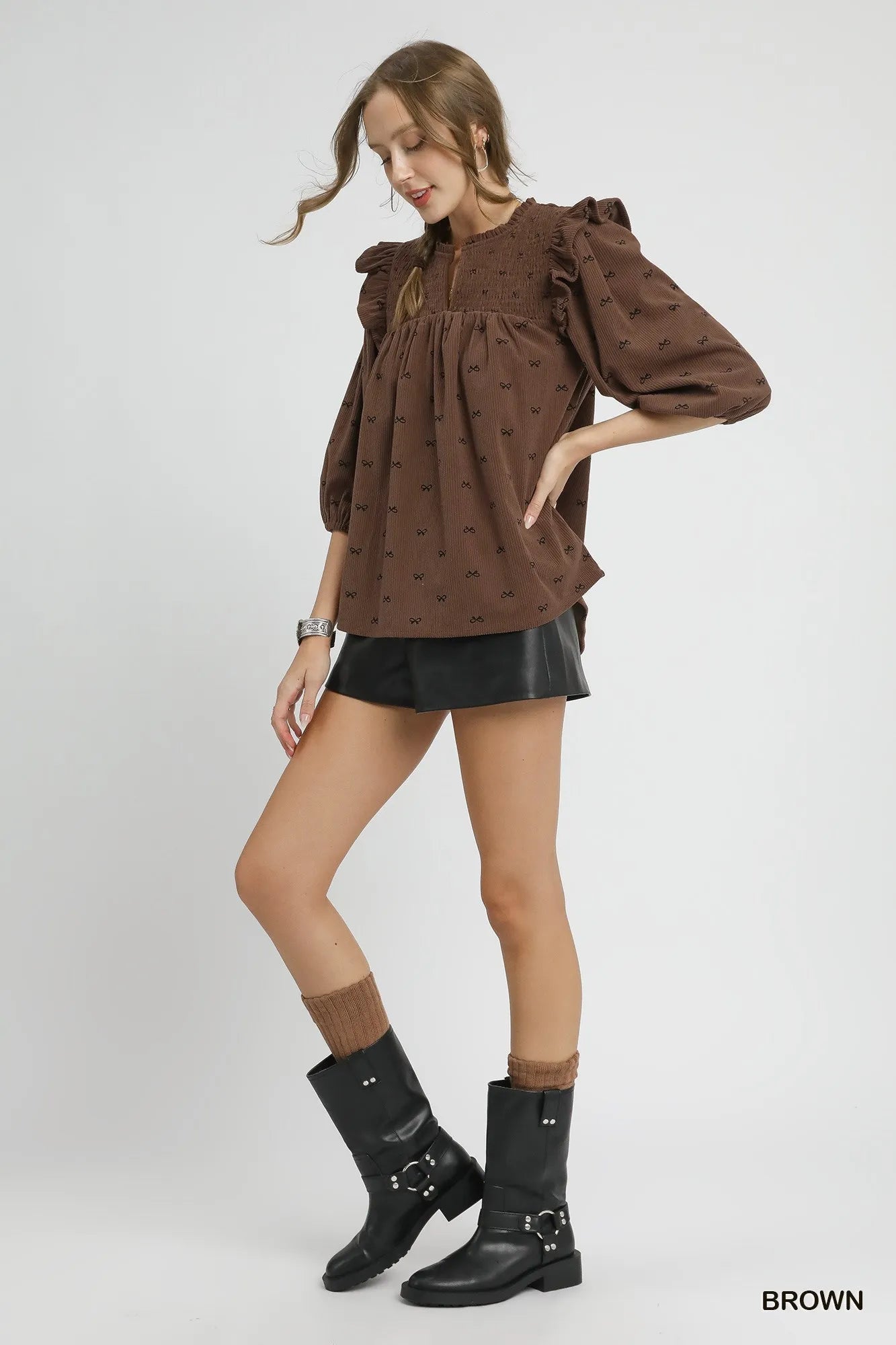 Umgee Bow Print Corduroy Puff Sleeve Blouse with Ruffled - Jennie Dots