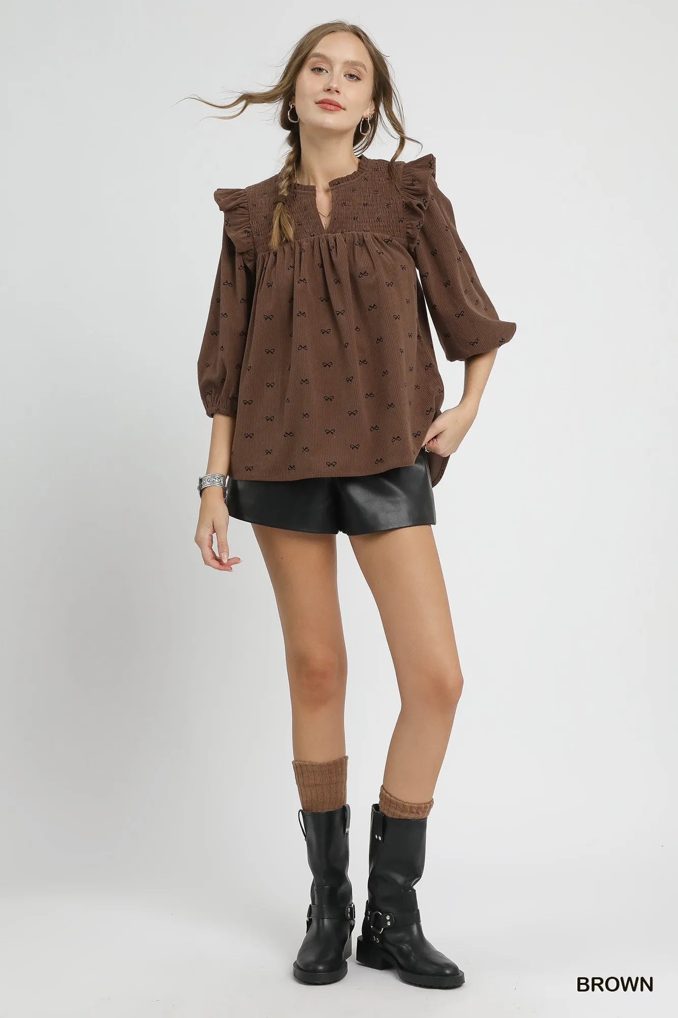 Umgee Bow Print Corduroy Puff Sleeve Blouse with Ruffled - Jennie Dots