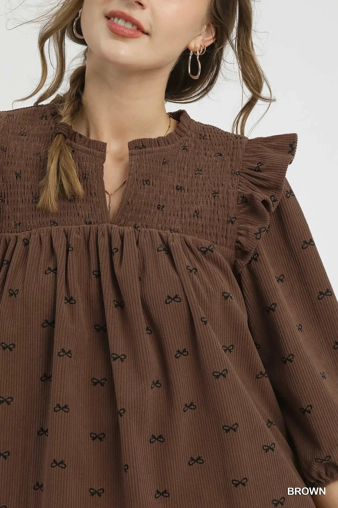 Umgee Bow Print Corduroy Puff Sleeve Blouse with Ruffled - Jennie Dots