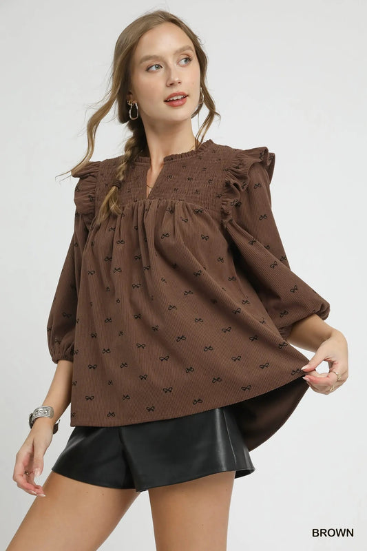 Umgee Bow Print Corduroy Puff Sleeve Blouse with Ruffled - Jennie Dots