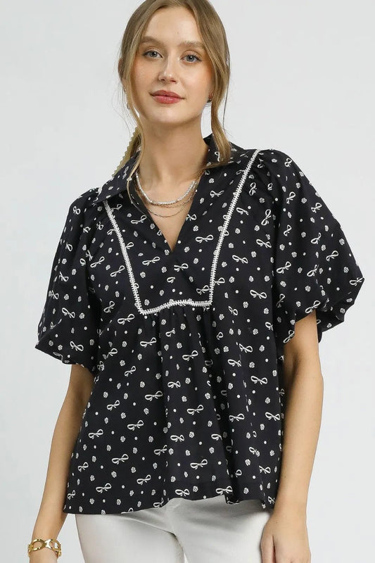 Umgee Bow Print Puff Sleeve Blouse - Jennie Dots