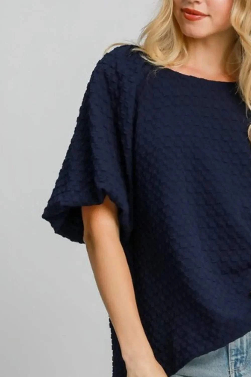 Umgee Boxy Cut Jacquard Round Neck Top with Side Slit - Jennie Dots