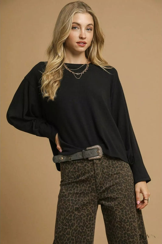 Umgee Brushed Fleeve Crewneck Top - Jennie Dots