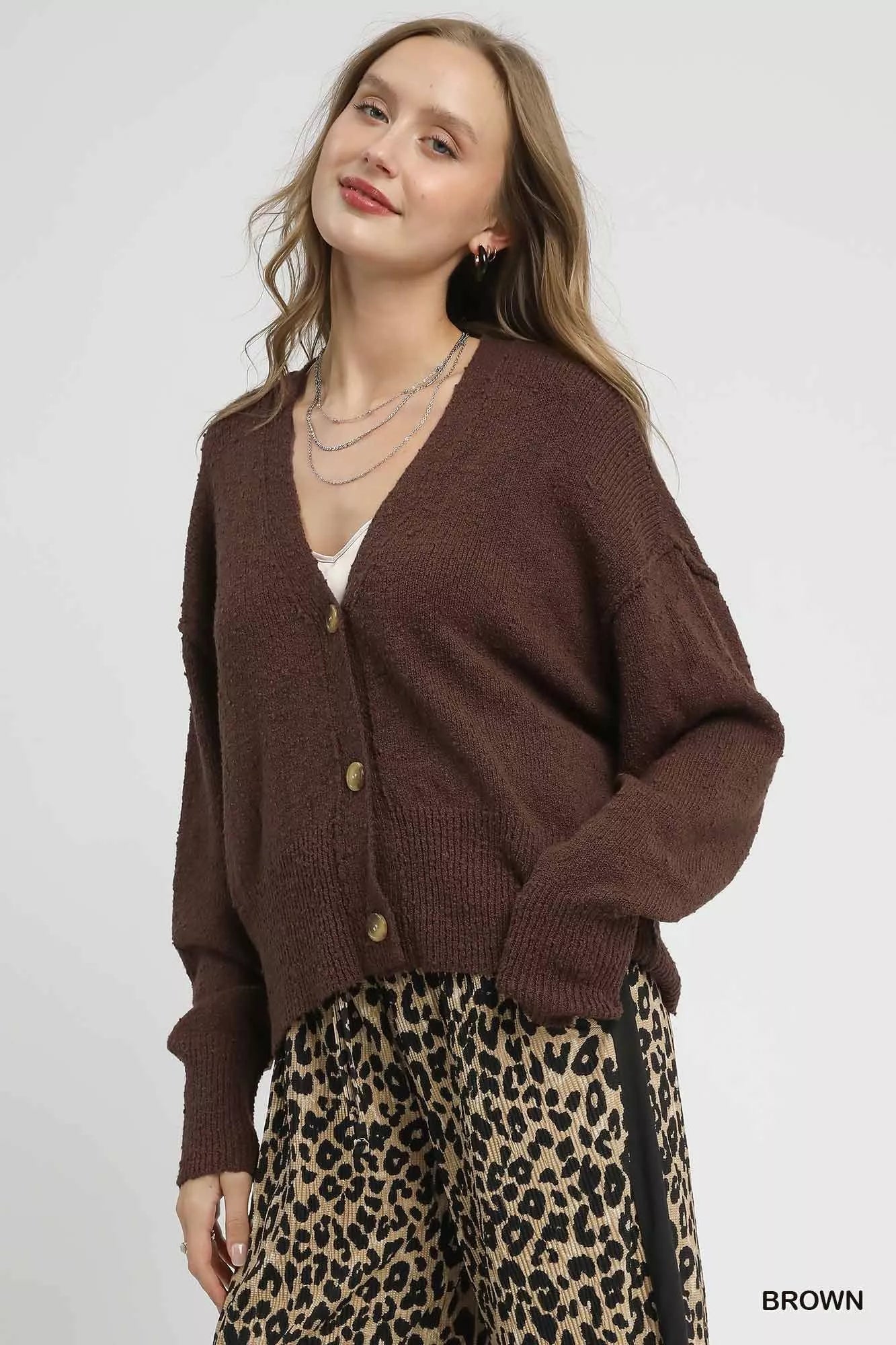 Umgee Button - Front V - Neck Knit Cardigan - Jennie Dots