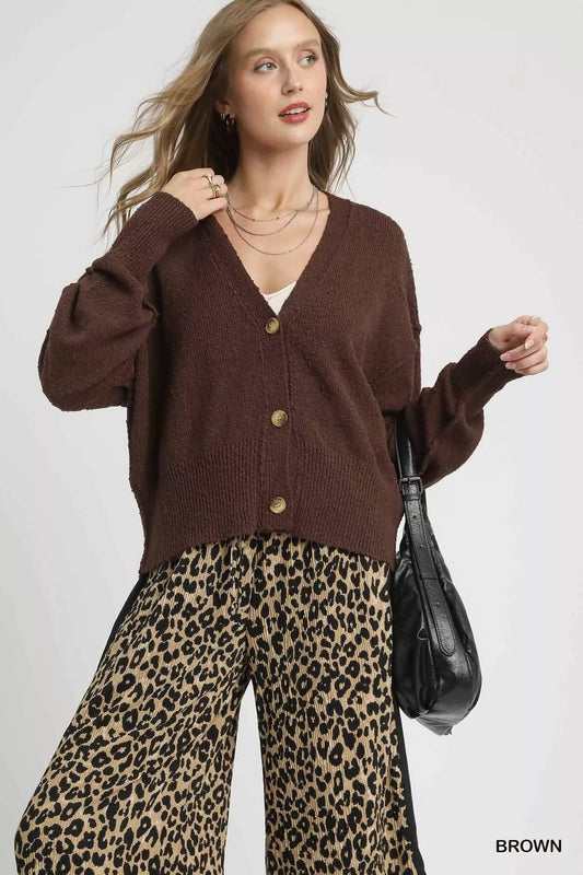 Umgee Button - Front V - Neck Knit Cardigan - Jennie Dots