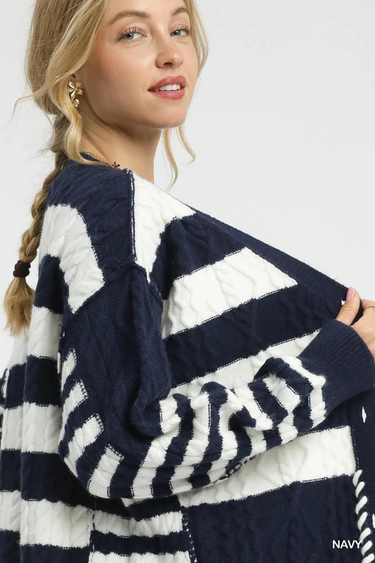 Umgee Cable - Knit Stripe Button - Up Cardigan - Jennie Dots