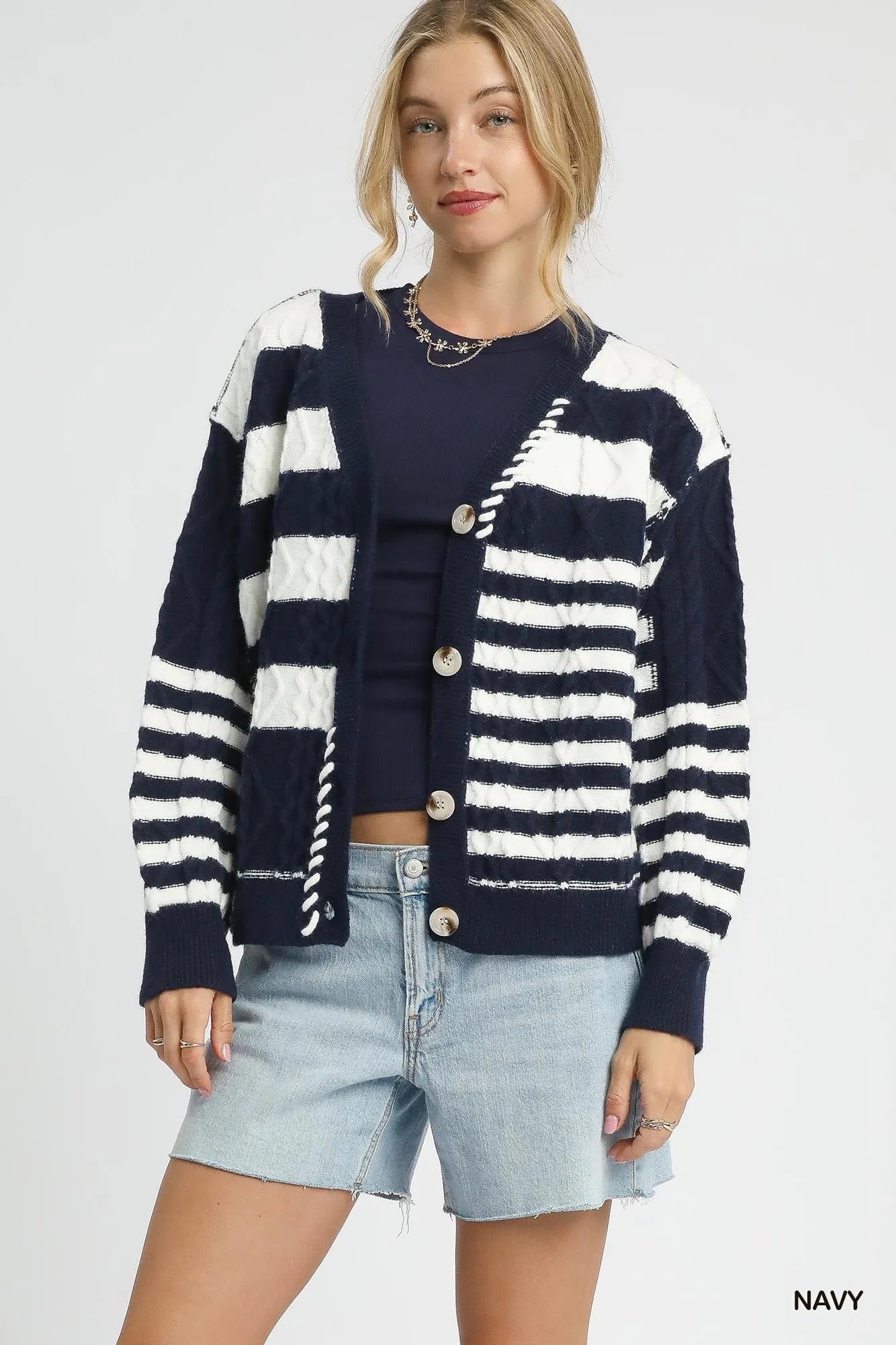 Umgee Cable - Knit Stripe Button - Up Cardigan - Jennie Dots