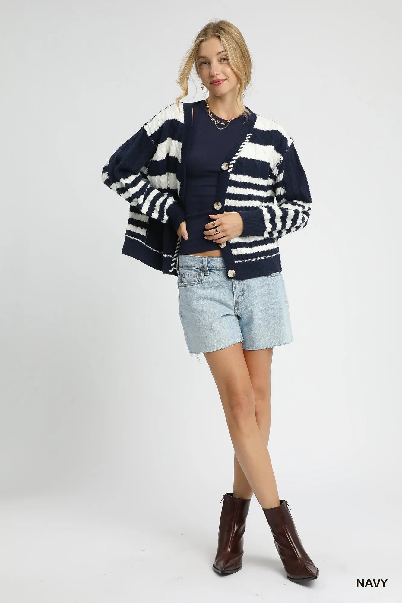 Umgee Cable - Knit Stripe Button - Up Cardigan - Jennie Dots
