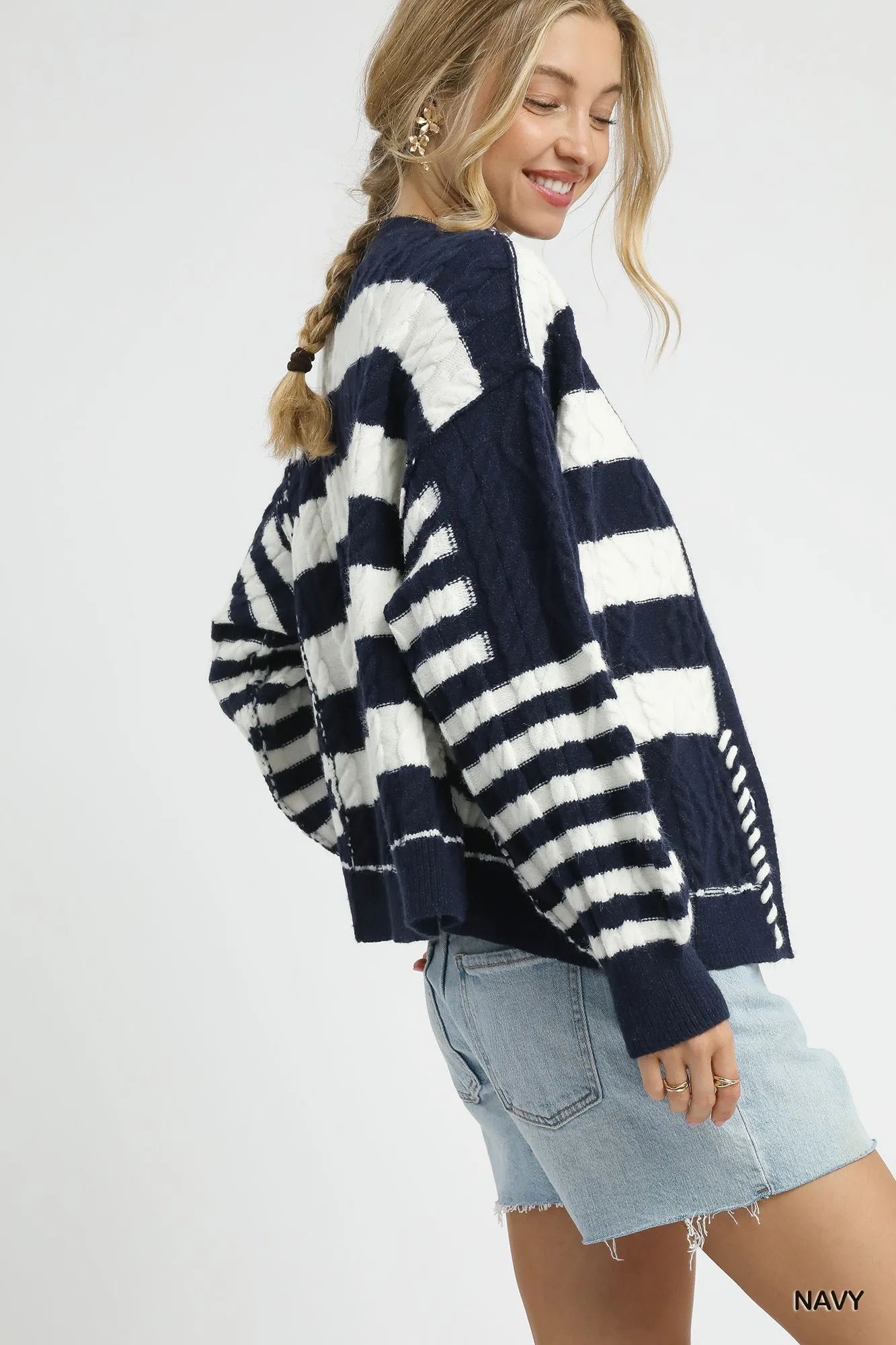 Umgee Cable - Knit Stripe Button - Up Cardigan - Jennie Dots