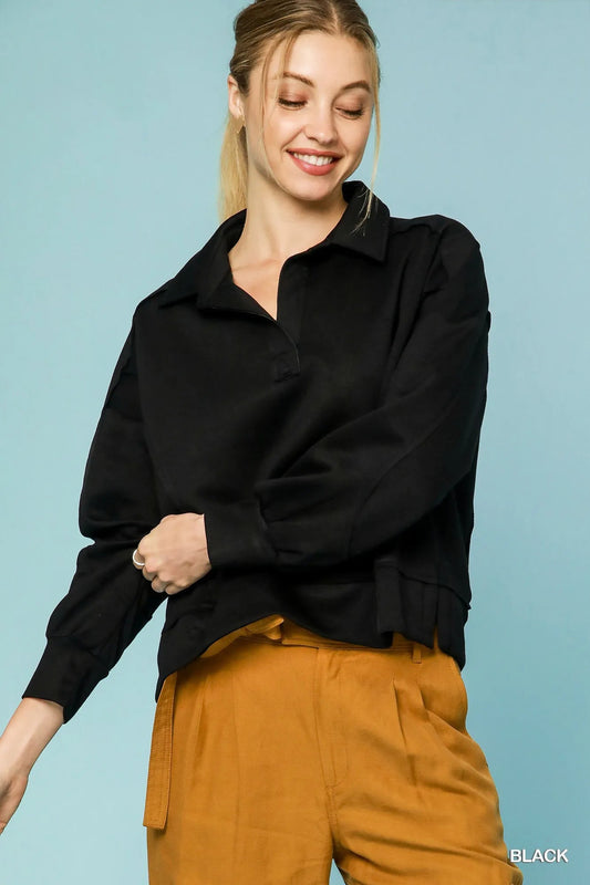 Umgee Collared Neck Long Sleeve Top with Raw Hem Detail - Jennie Dots