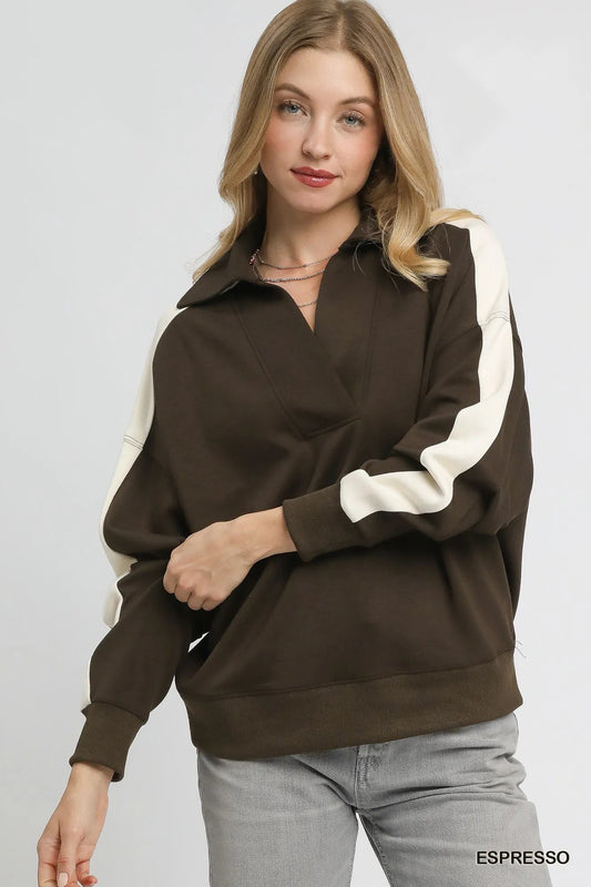 Umgee Color Block Polo Sweatshirt - Jennie Dots