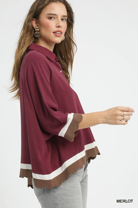 Umgee Colorblock Button - Down Shirt with Scallop Hem - Jennie Dots