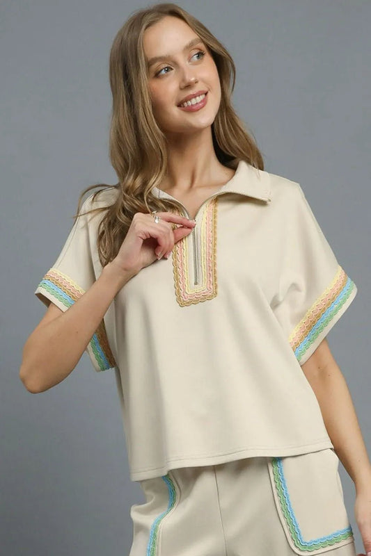 Umgee Contrast Trim Half Zip Collared Blouse - Jennie Dots