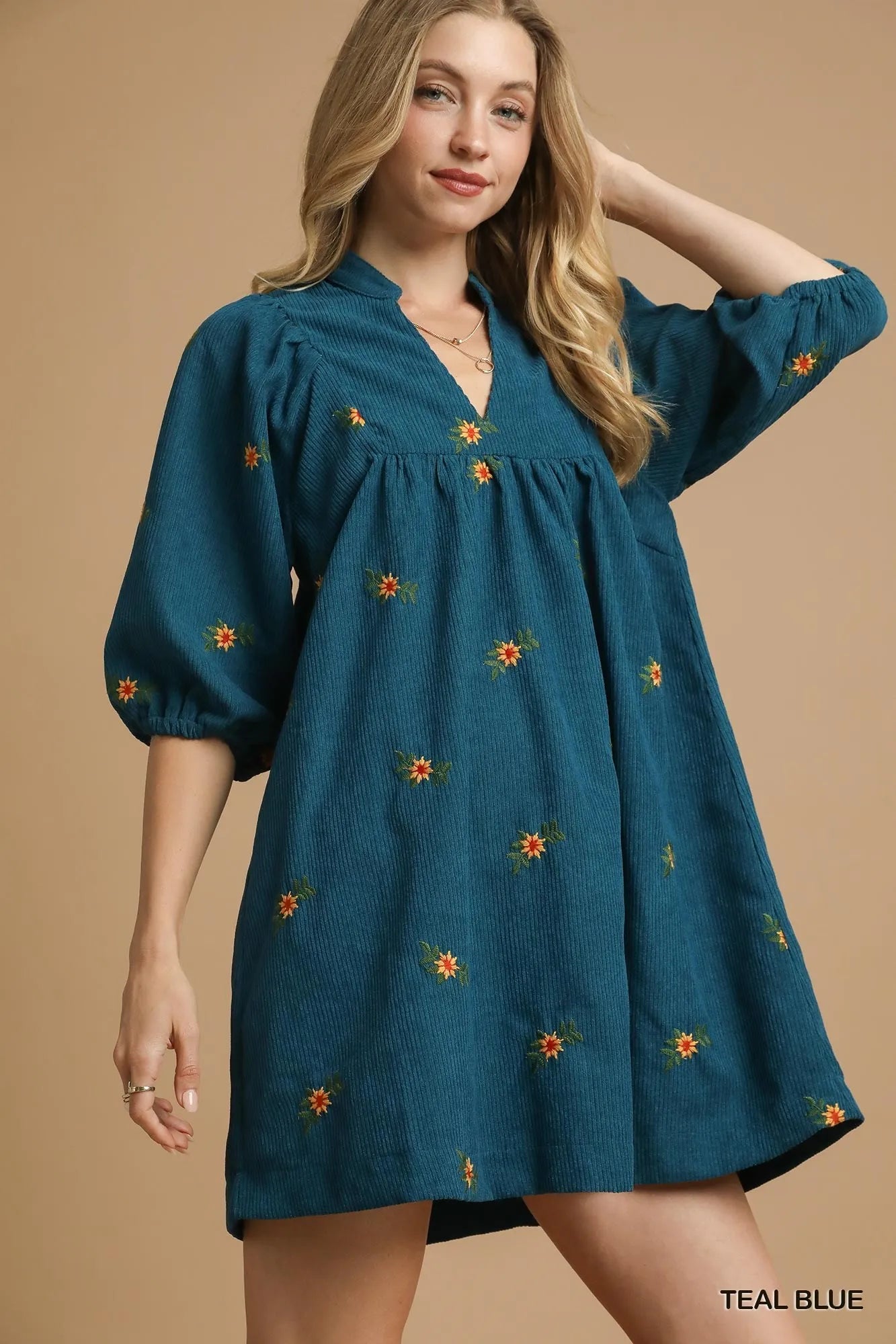 Umgee Corduroy Babydoll Dress with Floral Embroidery - Jennie Dots