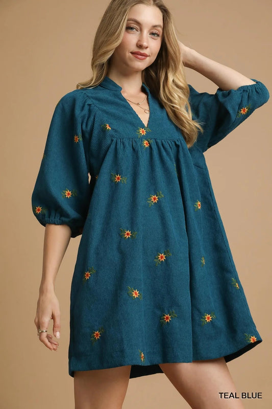 Umgee Corduroy Babydoll Dress with Floral Embroidery - Jennie Dots