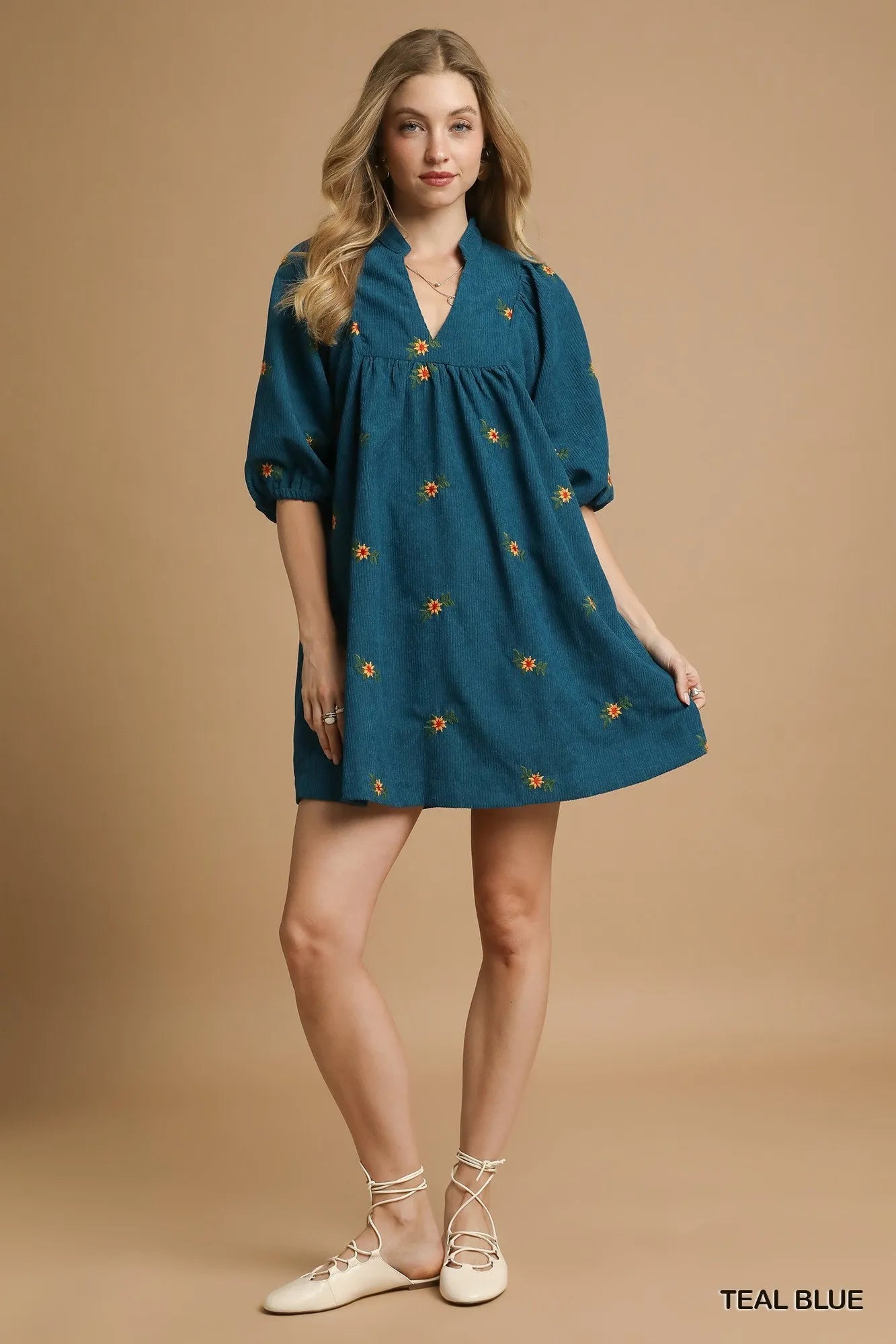 Umgee Corduroy Babydoll Dress with Floral Embroidery - Jennie Dots