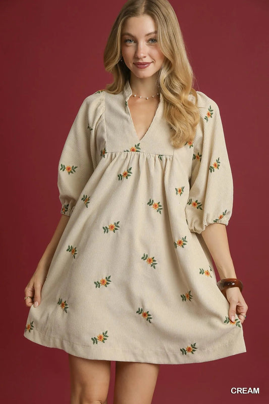Umgee Corduroy Babydoll Dress with Floral Embroidery - Jennie Dots