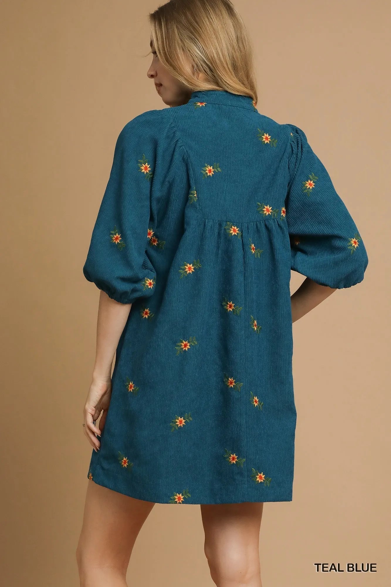 Umgee Corduroy Babydoll Dress with Floral Embroidery - Jennie Dots