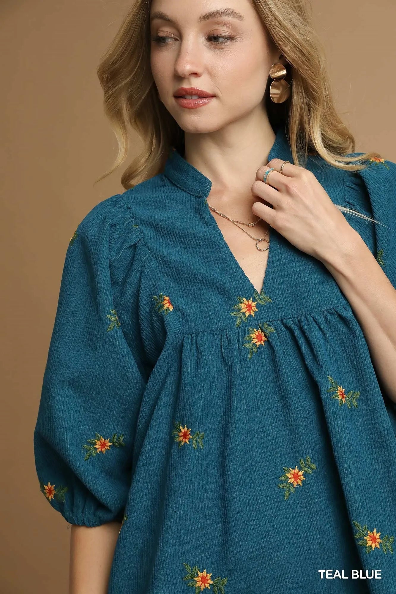 Umgee Corduroy Babydoll Dress with Floral Embroidery - Jennie Dots